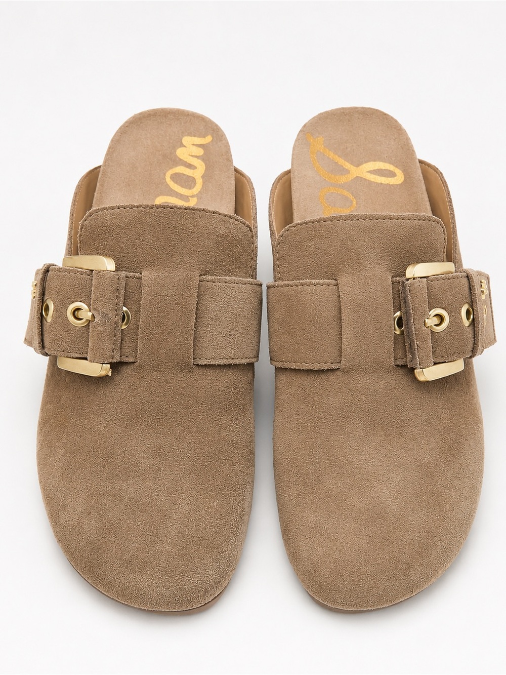Suede Buckle Slide Sandals in Taupe